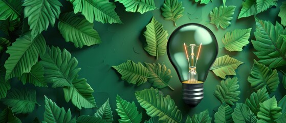 Wall Mural - Green lightbulb surrounded by fresh leaves, symbolizing eco-friendly energy solutions. Free copy space for text.