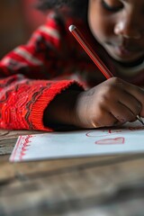 Poster - A young girl sits at a desk writing with a pencil