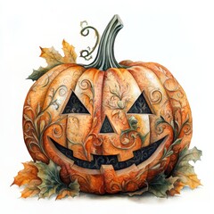 10. A halloween pumpkin with intricate carvings, detailed watercolor painting, soft autumn hues, isolated on white background