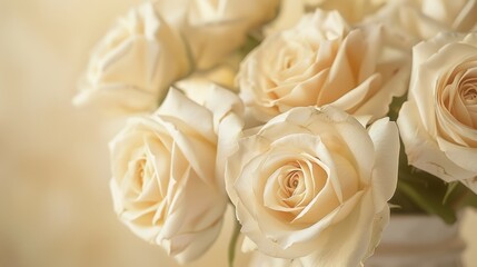 Wall Mural - A close-up of cream roses in a vase, with soft petals glowing in natural light