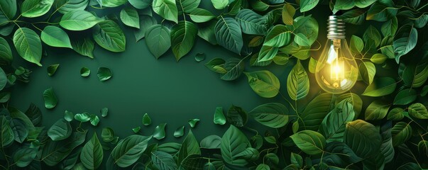 Wall Mural - Green lightbulb surrounded by fresh leaves, symbolizing eco-friendly energy solutions. Free copy space for text.