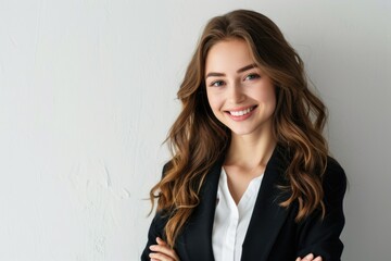 A woman wearing a black jacket and white shirt, suitable for corporate or casual settings