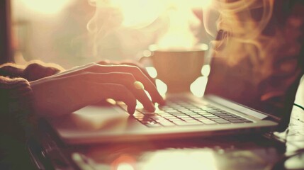 Poster - A close-up of hands typing on a laptop, with a cup of coffee steaming beside it