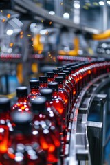 Aufkleber - A conveyor belt filled with bottles of red liquid, perfect for use in beverage or manufacturing settings