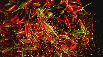 Poster - Super Slow Motion of Flying and Rotating Colored Chilli Peppers with Dry Chilli Powder. Black Background. Filmed on High Speed Cinema Camera, 1000 fps, Placed on High Speed Cine Bot.