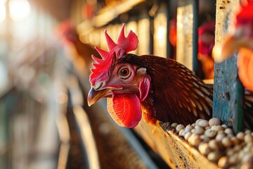 Poster - A chicken peering out of a small enclosure