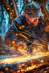 Fototapete - A person working on a piece of metal with sparks, ideal for use in illustrations about industry, manufacturing or DIY projects