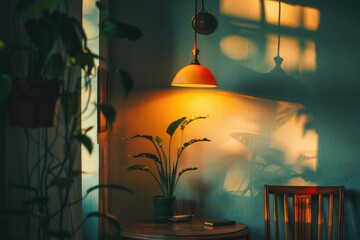Poster - A wooden table with a desk lamp and a potted plant