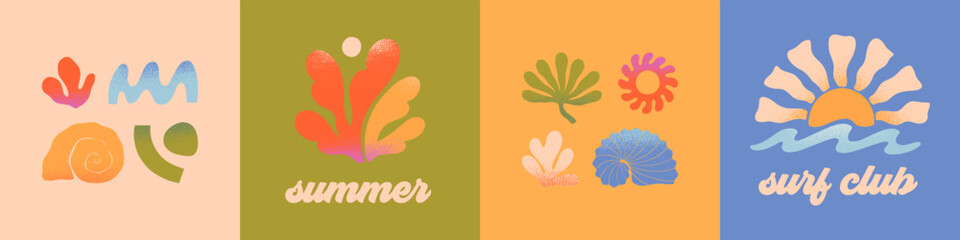Wall Mural - vector abstract summer emblems.hand drawn palm,sun,coral,seashell,wave.modern graphic in simple styl