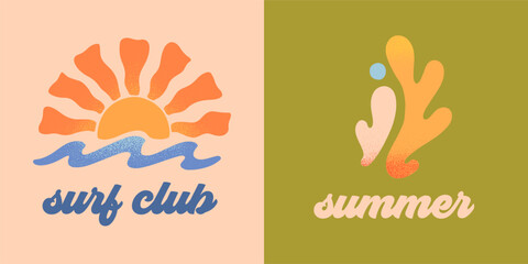 Wall Mural - vector abstract summer beach,surf club emblems.hand drawn coral,ocean waves with sun.modern graphic 