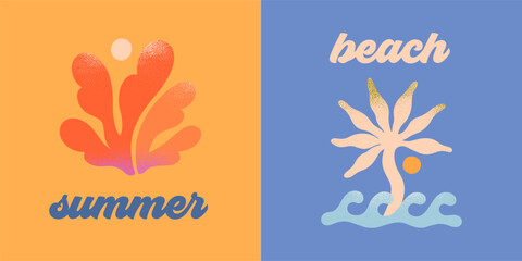 Wall Mural - vector abstract summer beach,surf club emblems.hand drawn coral,organic form,ocean waves,palm,sun.mo