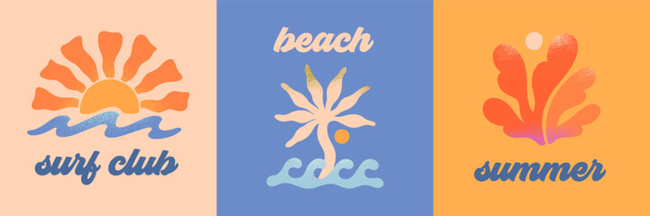 Wall Mural - vector abstract summer beach,surf club emblems.hand drawn coral,palm,ocean waves with sun.modern gra