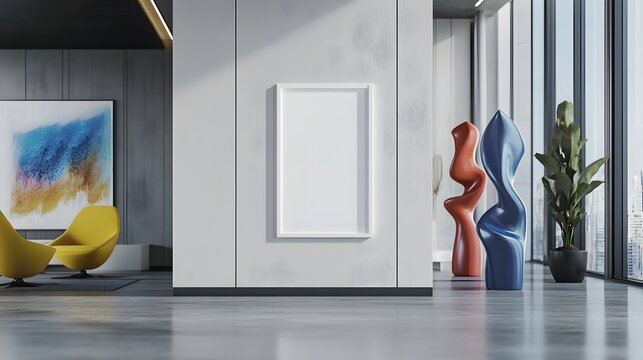 A 3D rendered white frame mockup displayed in a sleek contemporary apartment gallery setting with abstract sculptures and minimalist decor