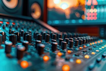 Poster - Close-up shot of a sound board in a professional recording studio setting