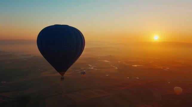 A dark blue hot air balloon rising into the morning sky, ready for adventure