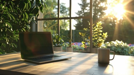 Poster - A home office space with a laptop, coffee mug, and a view of a sunny backyard