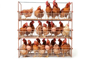 Poster - A collection of chickens placed on a metal rack, possibly for display or transport
