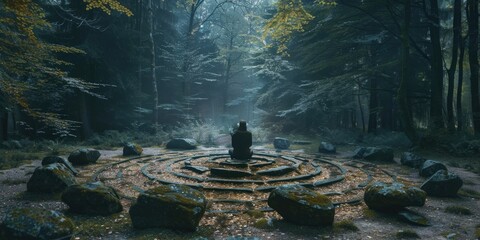 Wall Mural - A person stands amidst rocky formations in a dense forest, offering a serene atmosphere for contemplation or exploration