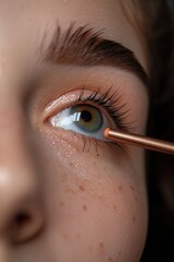 Poster - A close-up view of a person holding a brush near their eye