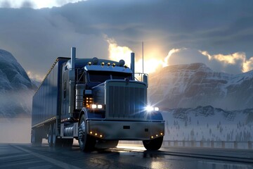 Poster - A semi-truck drives down a mountain road with breathtaking views of the surrounding landscape