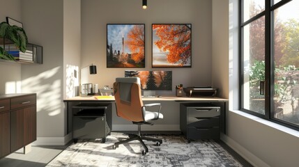 Poster - A modern home office with dual monitors, a comfortable chair, and a tidy desk