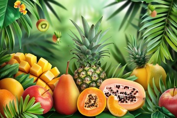 Poster - Colorful arrangement of fresh tropical fruits on a table, ideal for food styling or as a decorative element