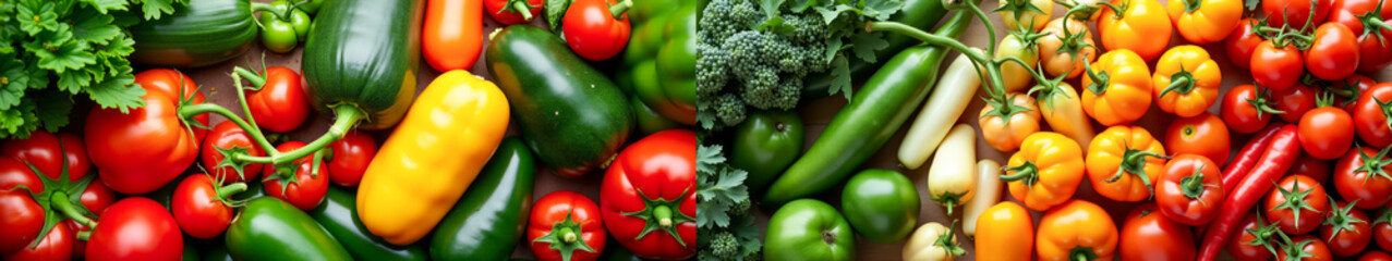 fresh vegetables top view, Wide panoramic banner . featuring an assortment of organic veggies like tomatoes, cucumbers, peppers, onions, lettuce, and more. health food concept