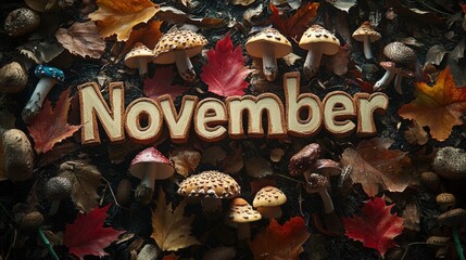 Canvas Print - A close up of a sign that says november surrounded by mushrooms, AI