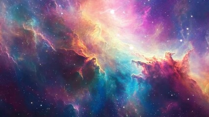 a colorful cosmic backdrop showcases interstellar clouds and radiant colors against a starry expanse