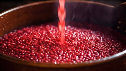 A close-up shot of ruby rice grains being cooked in a pot, their color deepening as they absorb the water