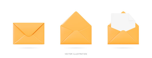 Poster - 3d yellow envelopes icon set. open and close letters. subscribe to newsletter. email message. send p