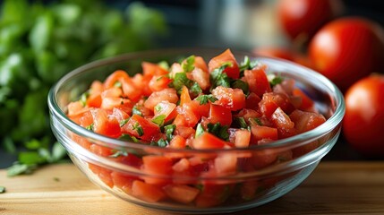 Wall Mural - Fresh Tomato Salsa with Cilantro in a Glass Bowl