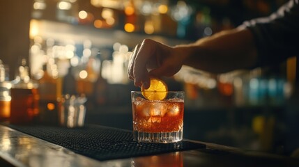 Bartender garnishing a cocktail with a slice of citrus, standing at a well-lit bar counter