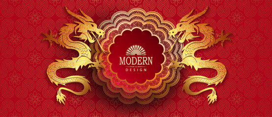 Wall Mural - Festive red background with a round frame and golden dragons.