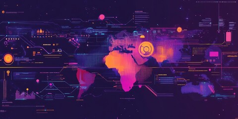 Wall Mural - World map with glowing neon tech details.