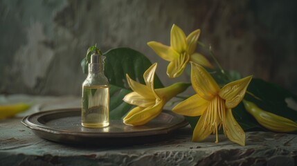 Poster - A bottle of essential oil sits next to a flower, perfect for use in wellness or lifestyle images