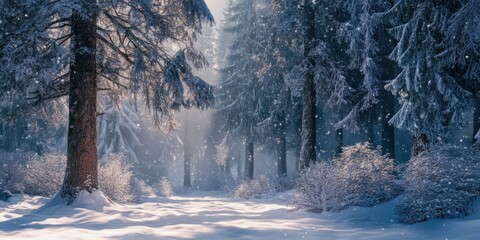 Wall Mural - Snow-covered forest path in winter wonderland.