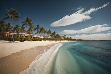 Wall Mural - Tropical beach with palm trees and white sand. ai generative