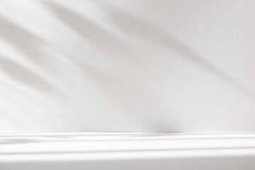 Leinwandbilder - Abstract white color studio background for product presentation. Empty room with shadows of window and flowers and plant leaves . 3d room with copy space. Summer concert. Blurred backdrop.