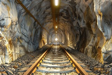 Aufkleber - A train track passes through a tunnel, illuminated by a light at the end