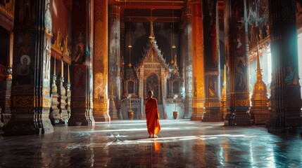 Wall Mural - A person wearing a bright red robe stands in a spacious room