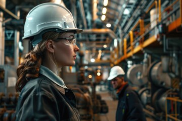 Poster - A woman wearing a hard hat and protective gear works in a busy industrial setting