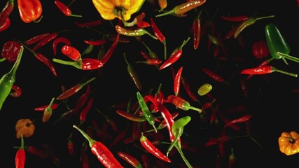 Poster - Super Slow Motion of Flying Colored Chilli Peppers on Black Background. Filmed on High Speed Cinema Camera, 1000 fps. Speed Ramp Effect.