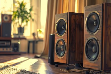 Poster - Two speakers sitting on a wooden floor, perfect for music or presentation use