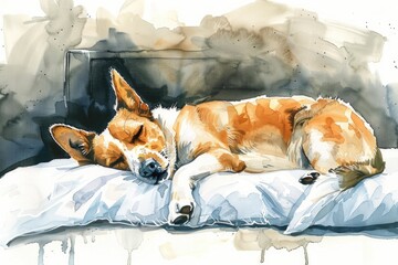 Poster - A watercolor painting of a dog relaxing on a soft pillow