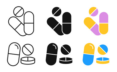 Poster - Multivitamin pills vector icon set. pharmaceutical capsule symbol. antibiotic drug tablet medicine icon in black color.