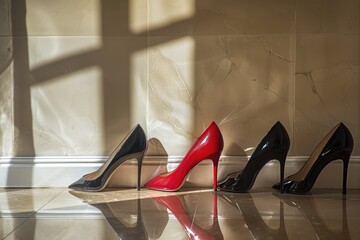 Poster - A row of high heel shoes on display, great for fashion or beauty stock photos