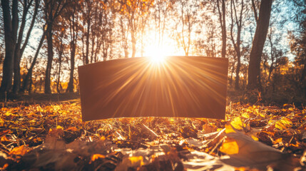 Canvas Print - A black sign sitting in the middle of a pile of leaves, AI