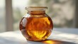 © julija - golden honey jar gleaming in isolation against pure white rich amber liquid catches light emphasizing purity and natural sweetness in airendered still life