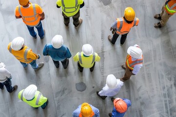 Canvas Print - Group of construction workers gathered in a circle, possibly discussing or celebrating something